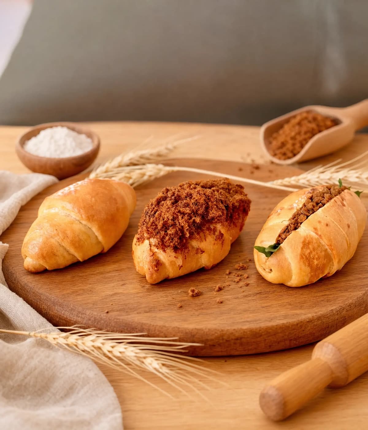 Tiga salted bread: original, dengan topping abon, dan isi daging cincang