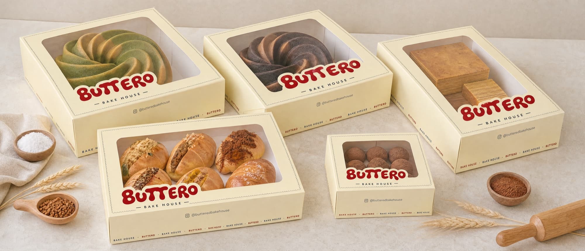 Kotak-kotak kue Buttero berisi marmer, lapis legit, salted bread, dan chewy cookie