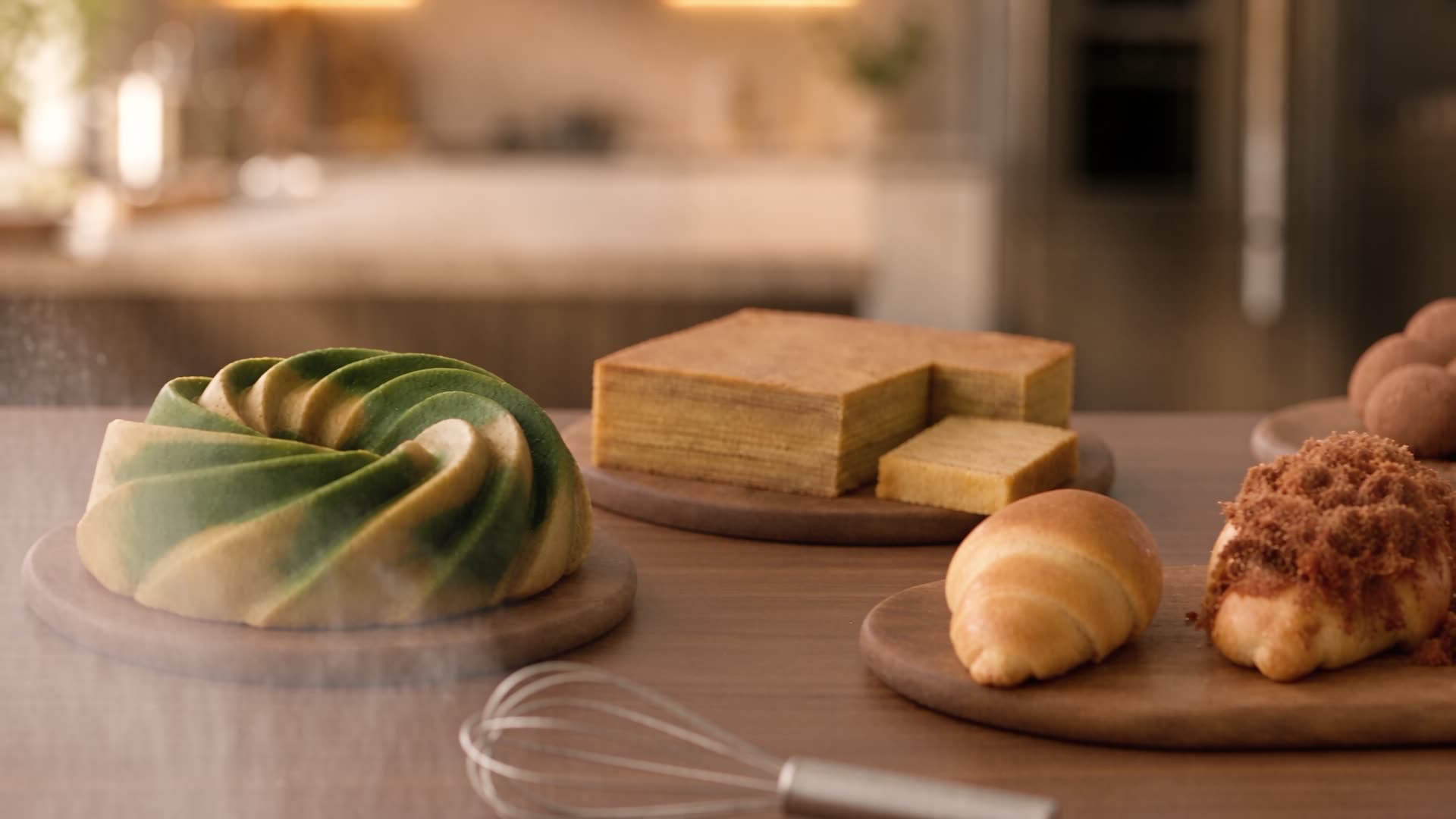 Meja dapur Buttero dengan bolu marmer pandan, lapis legit, salted bread, dan chewy cookie